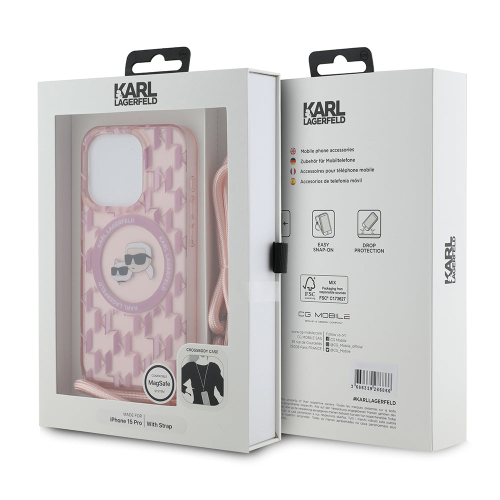 Futrola MagSafe za Apple iPhone 15 Pro, Karl Lagerfeld, IML Crossbody Monogram Karl & Choupette's Heads, Roze