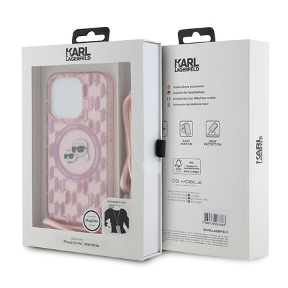 Futrola MagSafe za Apple iPhone 15 Pro, Karl Lagerfeld, IML Crossbody Monogram Karl & Choupette's Heads, Roze