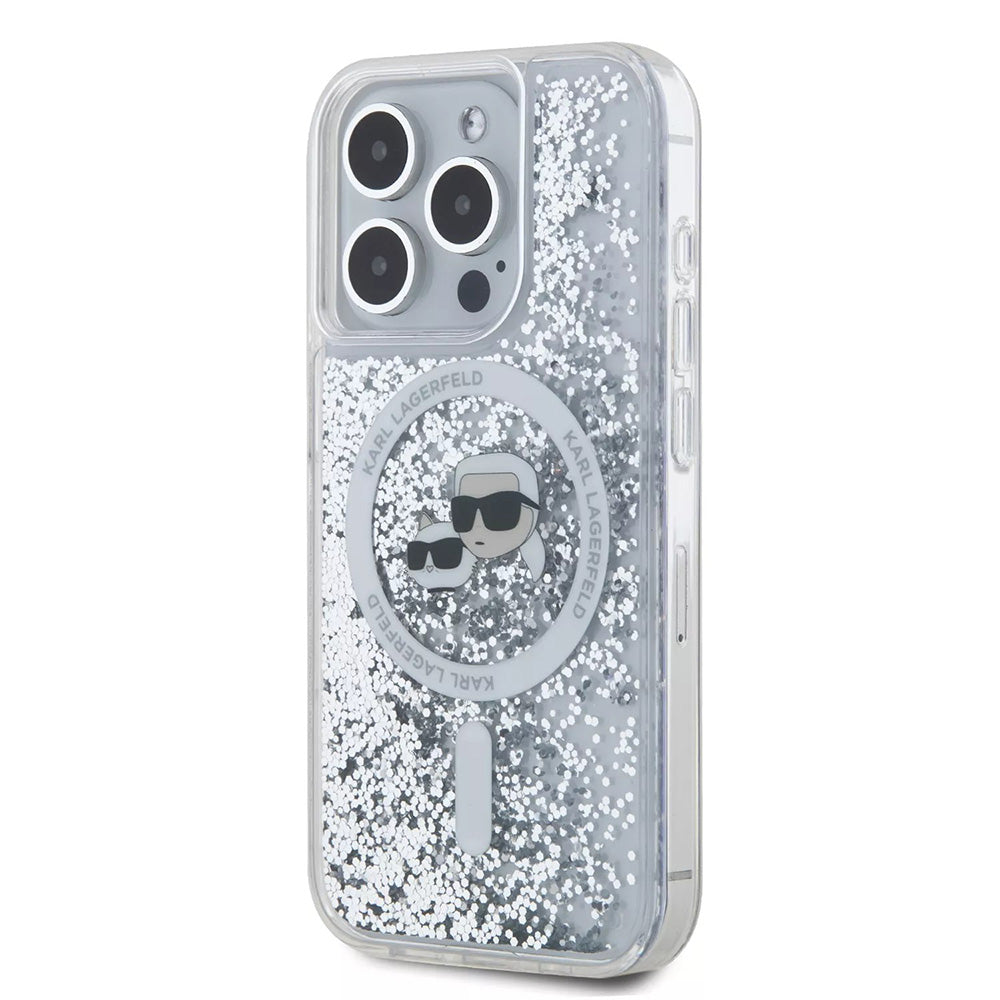 Husa MagSafe za Apple iPhone 15 Pro, Karl Lagerfeld, Liquid Glitter Karl & Choupette's Heads, Transparentna