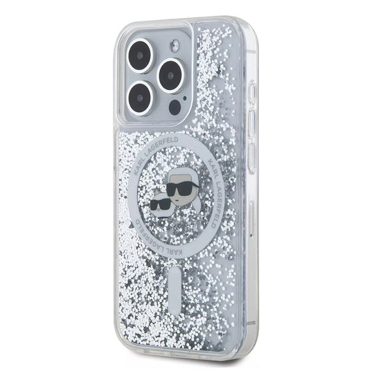 Husa MagSafe za Apple iPhone 15 Pro, Karl Lagerfeld, Liquid Glitter Karl & Choupette's Heads, Transparentna