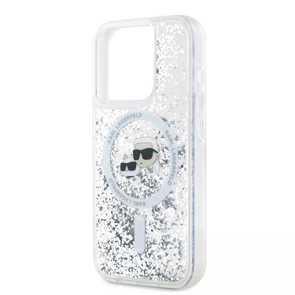 Husa MagSafe za Apple iPhone 15 Pro, Karl Lagerfeld, Liquid Glitter Karl & Choupette's Heads, Transparentna