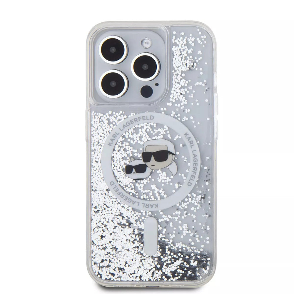 Husa MagSafe za Apple iPhone 15 Pro, Karl Lagerfeld, Liquid Glitter Karl & Choupette's Heads, Transparentna