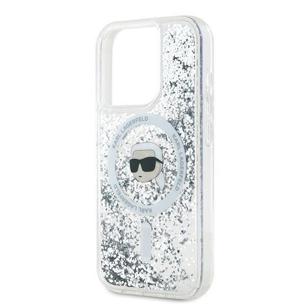 Husa MagSafe za Apple iPhone 15 Pro, Karl Lagerfeld, Liquid Glitter Karl's Head, Transparentna