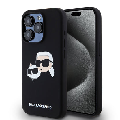 Husa MagSafe za Apple iPhone 15 Pro, Karl Lagerfeld, Silikonska Karl & Choupette's Heads, Crna