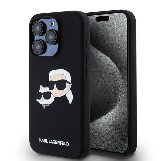 Husa MagSafe za Apple iPhone 15 Pro, Karl Lagerfeld, Silikonska Karl & Choupette's Heads, Crna