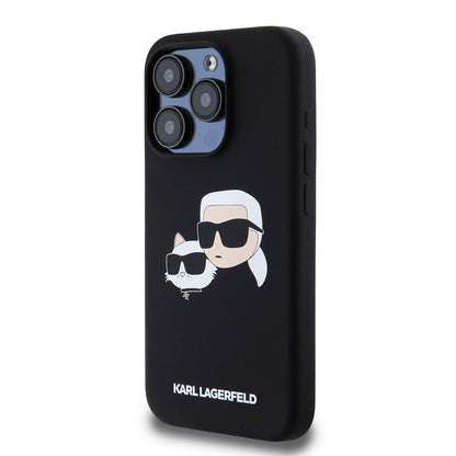 Husa MagSafe za Apple iPhone 15 Pro, Karl Lagerfeld, Silikonska Karl & Choupette's Heads, Crna