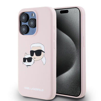 Futrola MagSafe za Apple iPhone 15 Pro, Karl Lagerfeld, Silikonska Karl & Choupette's Heads, Roze