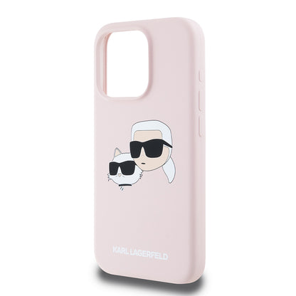Futrola MagSafe za Apple iPhone 15 Pro, Karl Lagerfeld, Silikonska Karl & Choupette's Heads, Roze
