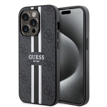Futrola MagSafe za Apple iPhone 15 Pro Max, Guess, 4G Printed Stripes, Crna