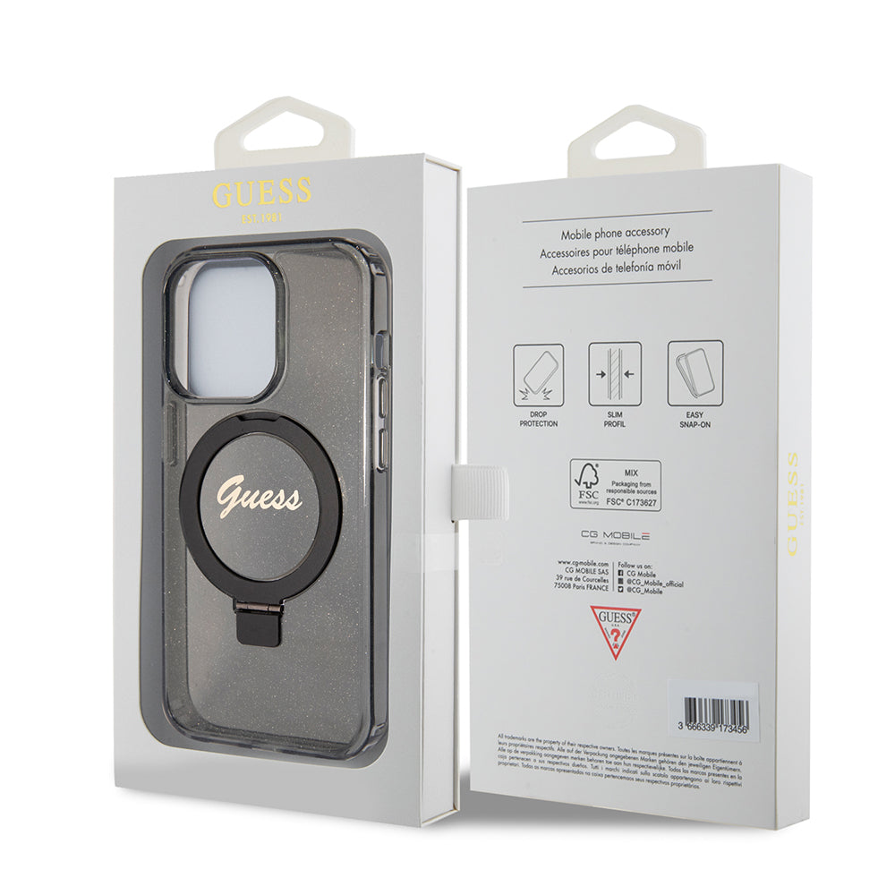 Futrola MagSafe za Apple iPhone 15 Pro Max, Guess, IML Ring Stand Glitter, Crna