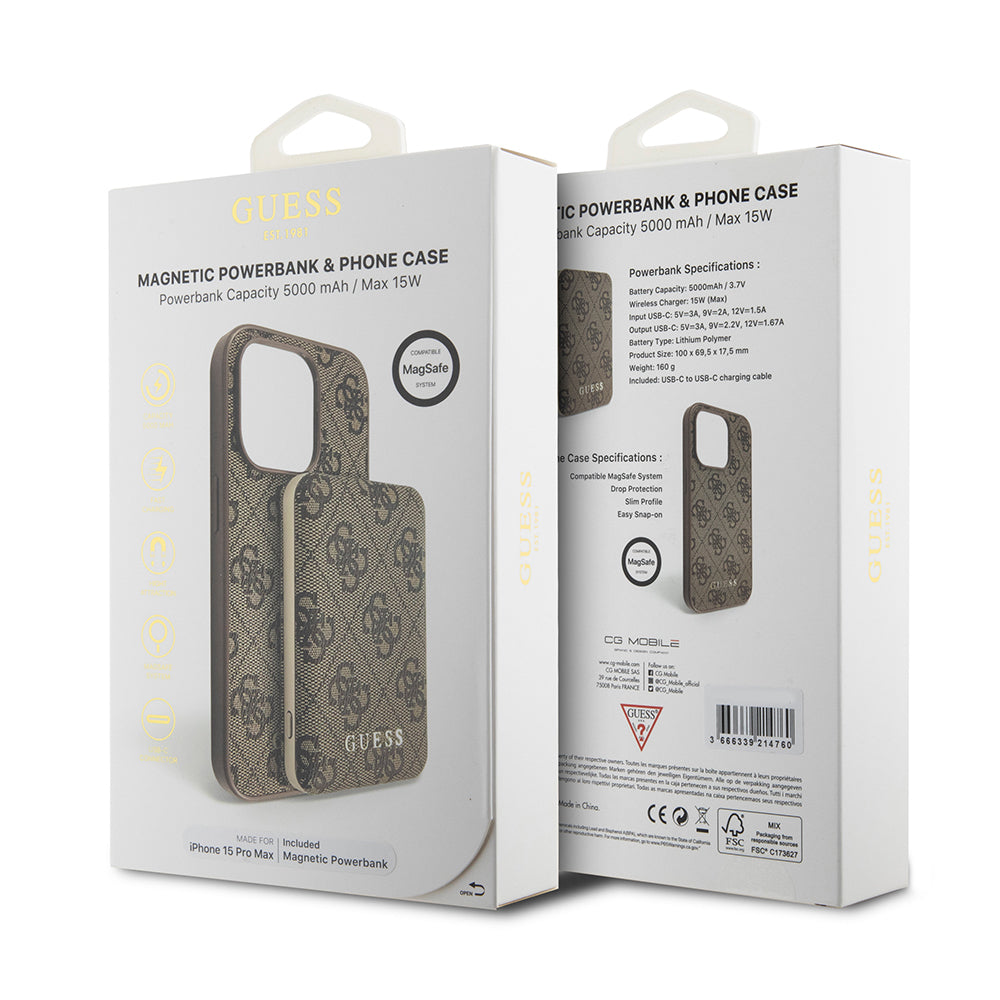 Futrola MagSafe za Apple iPhone 15 Pro Max, Guess, Powerbank 4G Metal Logo, Braon