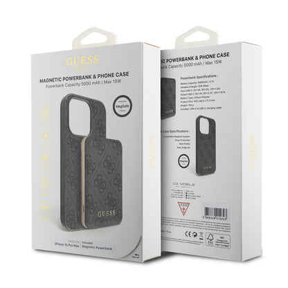 Futrola MagSafe za Apple iPhone 15 Pro Max, Guess, Powerbank 4G Metal Logo, Crna