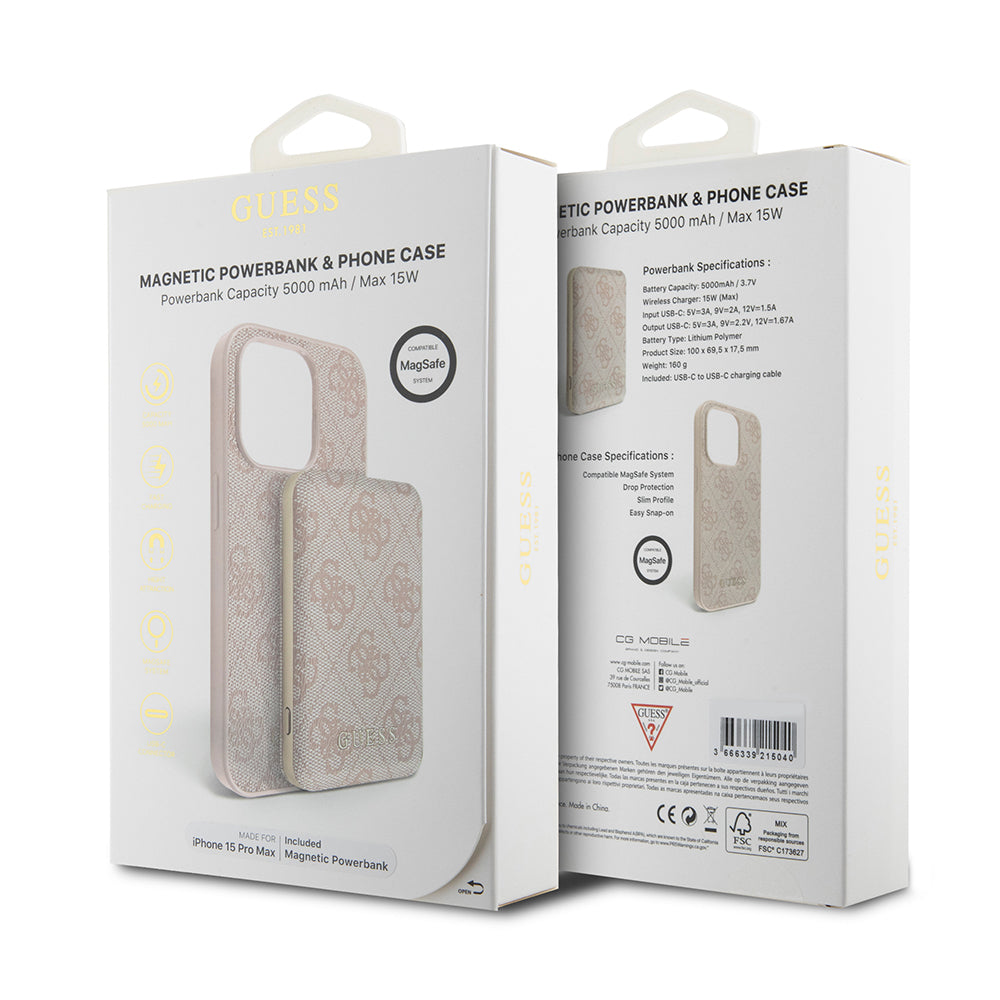 Futrola MagSafe za Apple iPhone 15 Pro Max, Guess, Powerbank 4G Metal Logo, Roze
