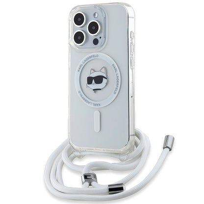 Futrola MagSafe za Apple iPhone 15 Pro Max, Karl Lagerfeld, IML Crossbody Choupette's Head with Strap, Transparentna
