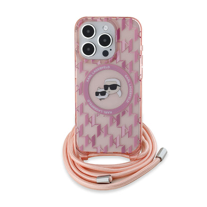 Futrola MagSafe za Apple iPhone 15 Pro Max, Karl Lagerfeld, IML Crossbody Monogram Karl & Choupette's Heads, Roze