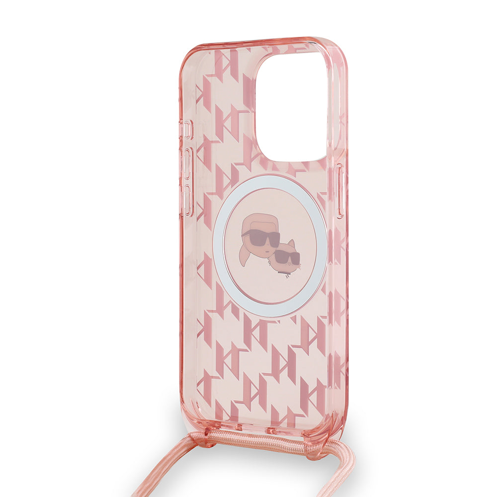 Futrola MagSafe za Apple iPhone 15 Pro Max, Karl Lagerfeld, IML Crossbody Monogram Karl & Choupette's Heads, Roze
