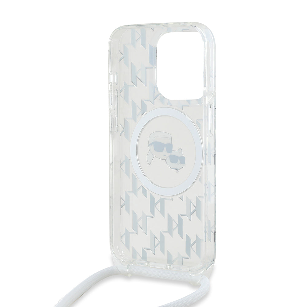 Futrola MagSafe za Apple iPhone 15 Pro Max, Karl Lagerfeld, IML Crossbody Monogram Karl & Choupette's Heads, Transparentna