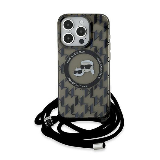 Futrola MagSafe za Apple iPhone 15 Pro Max, Karl Lagerfeld, IML Crossbody Monogram Karl & Choupette's Heads, Crna