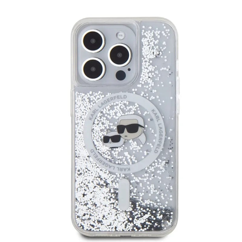 Futrola MagSafe za Apple iPhone 15 Pro Max, Karl Lagerfeld, Liquid Glitter Karl & Choupette's Heads, Transparentna