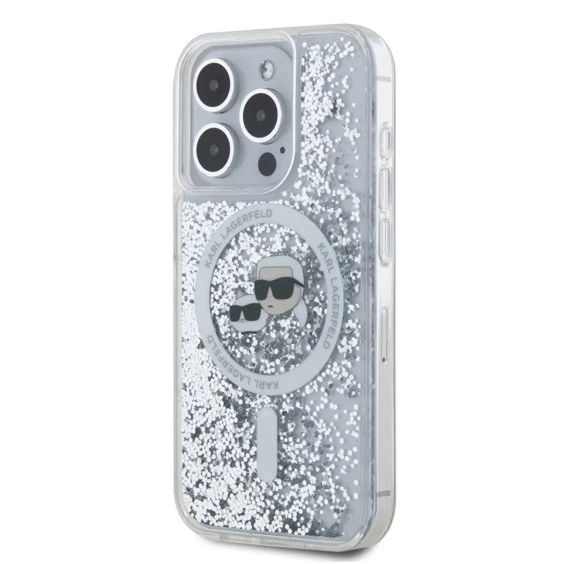 Futrola MagSafe za Apple iPhone 15 Pro Max, Karl Lagerfeld, Liquid Glitter Karl & Choupette's Heads, Transparentna