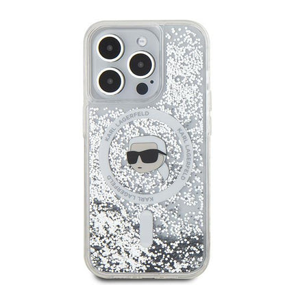 Husa MagSafe za Apple iPhone 15 Pro Max, Karl Lagerfeld, Liquid Glitter Karl's Head, Transparentna