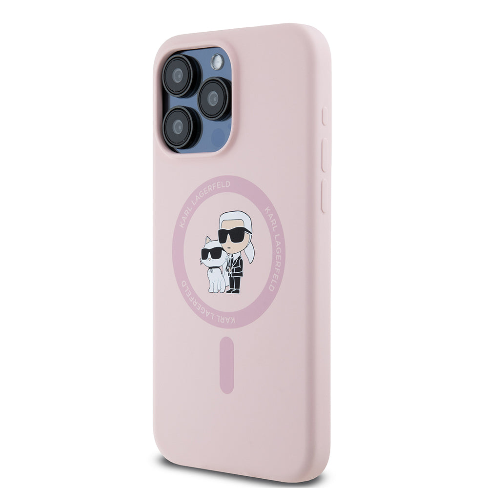 Husa MagSafe za Apple iPhone 15 Pro Max, Karl Lagerfeld, Silikonski prsten Karl & Choupette, Roze
