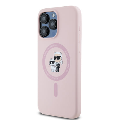 Husa MagSafe za Apple iPhone 15 Pro Max, Karl Lagerfeld, Silikonski prsten Karl & Choupette, Roze