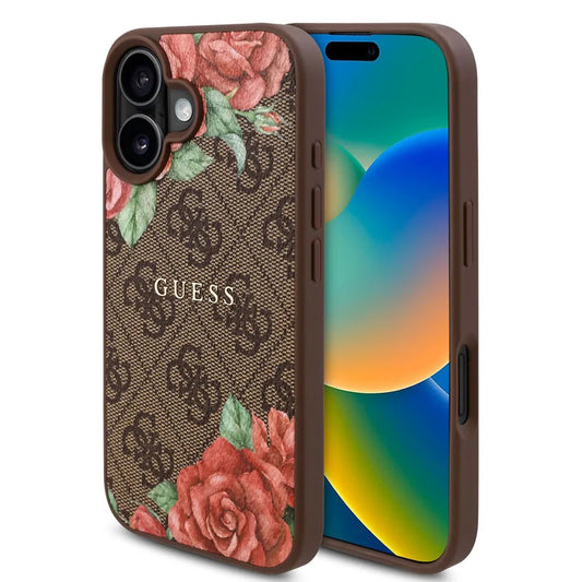 Husa MagSafe za Apple iPhone 16, Guess, 4G Flowers Print, Braon