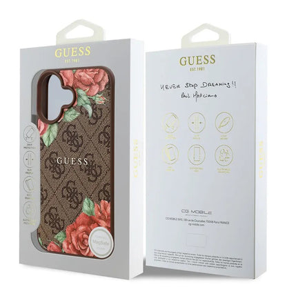 Husa MagSafe za Apple iPhone 16, Guess, 4G Flowers Print, Braon