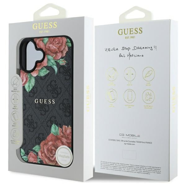 Futrola MagSafe za Apple iPhone 16, Guess, 4G Flowers Print, Crna