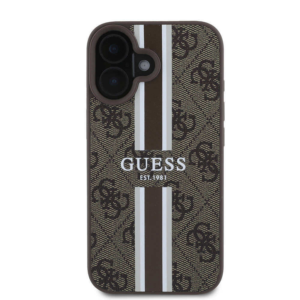 Husa MagSafe za Apple iPhone 16, Guess, 4G Printed Stripes, Braon