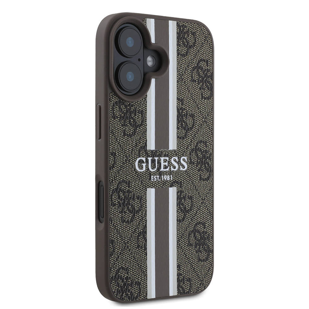 Husa MagSafe za Apple iPhone 16, Guess, 4G Printed Stripes, Braon