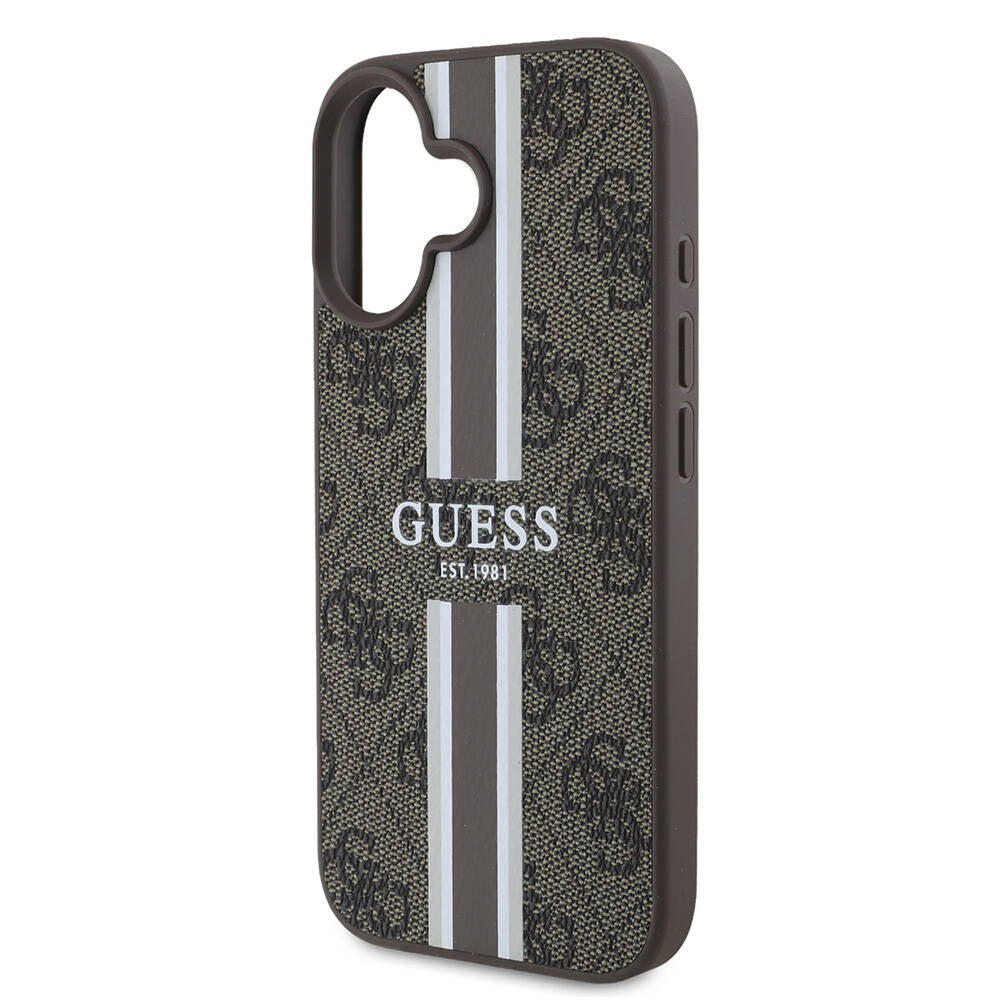Husa MagSafe za Apple iPhone 16, Guess, 4G Printed Stripes, Braon