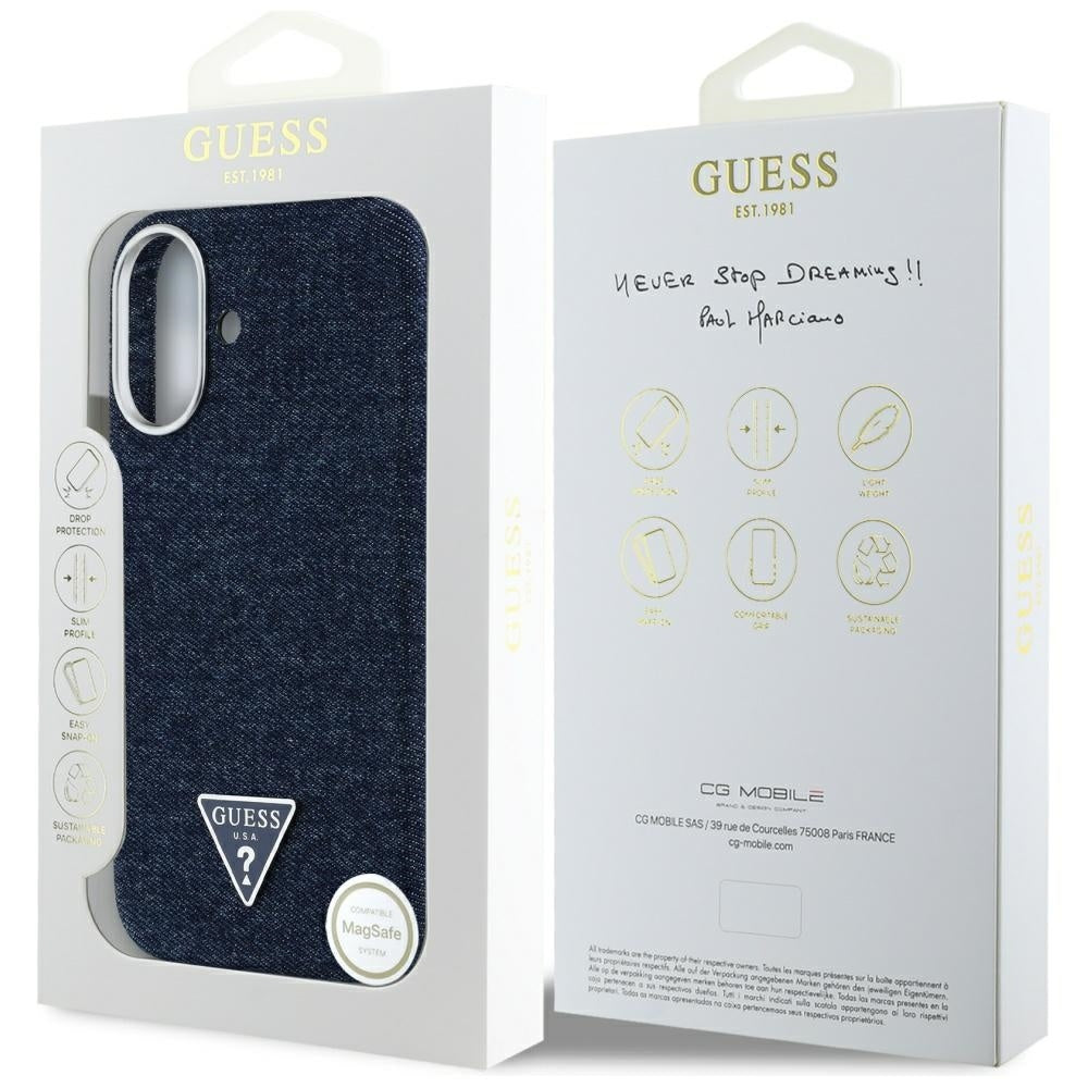 Futrola MagSafe za Apple iPhone 16, Guess, Denim Triangle Logo, Plava