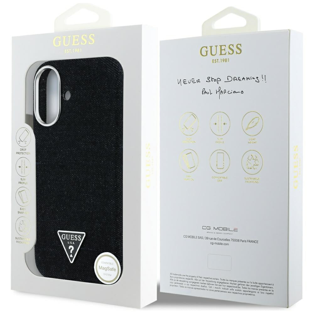 Futrola MagSafe za Apple iPhone 16, Guess, Denim Triangle Logo, Crna