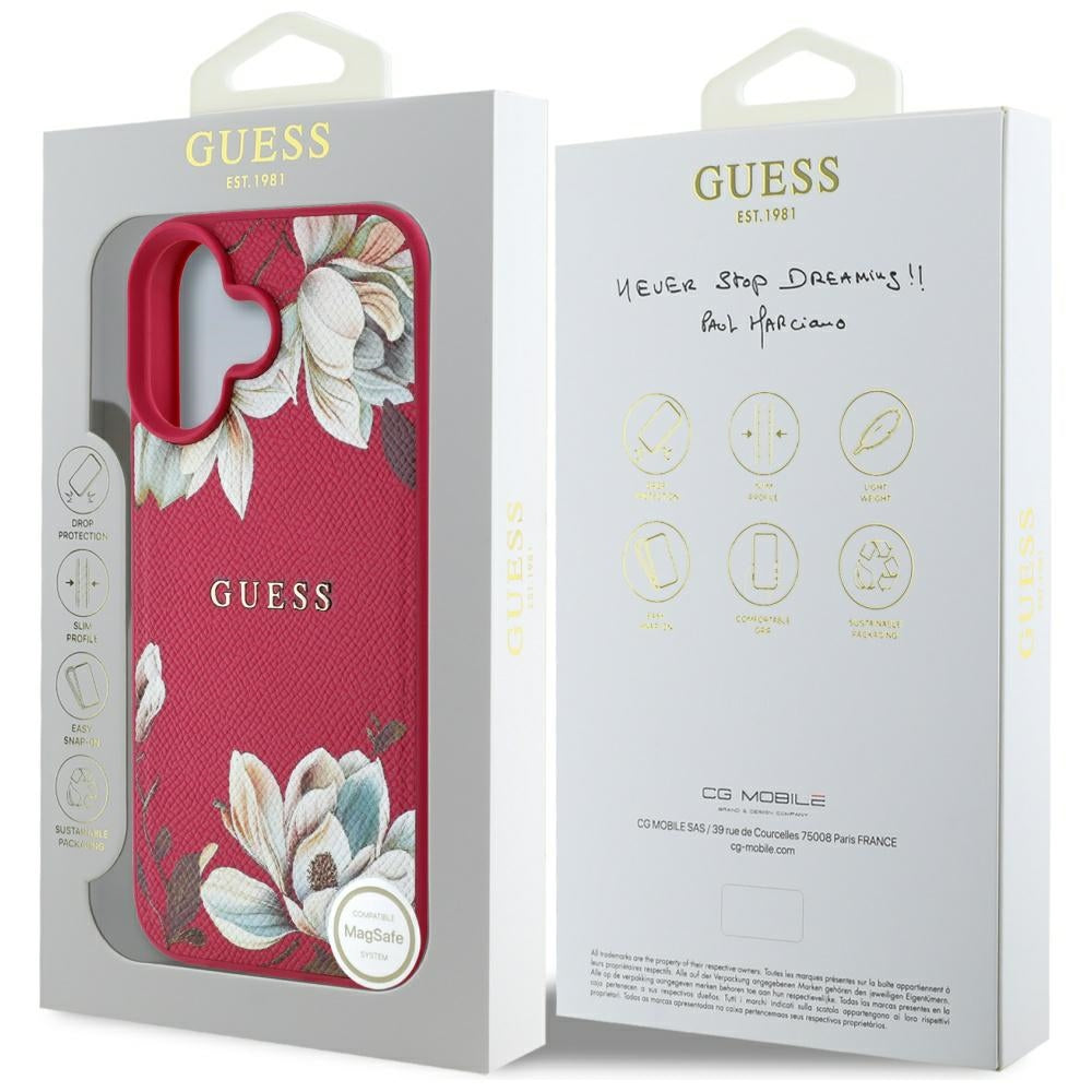 Husa MagSafe za Apple iPhone 16, Guess, Grained Flowers, Fuksija
