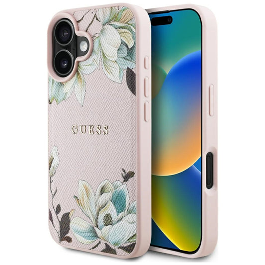Husa MagSafe za Apple iPhone 16, Guess, Grained Flowers, Roze