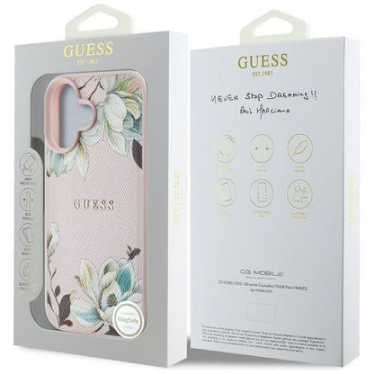 Husa MagSafe za Apple iPhone 16, Guess, Grained Flowers, Roze