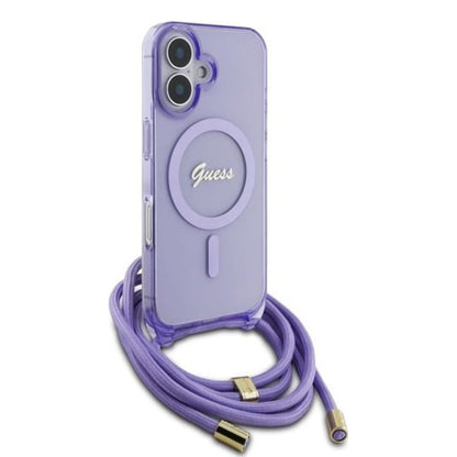 Futrola MagSafe za Apple iPhone 16, Guess, IML Crossbody Cord Script, Ljubičasta