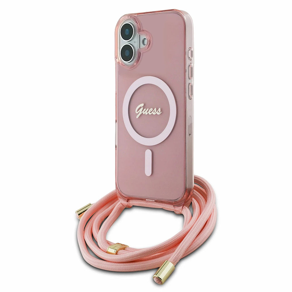 Futrola MagSafe za Apple iPhone 16, Guess, IML Crossbody Cord Script, Roze