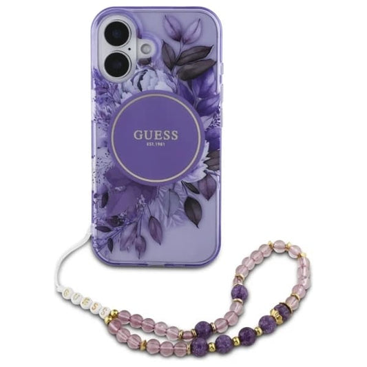 Husa MagSafe za Apple iPhone 16, Guess, IML Flowers with Pearl Strap, Ljubičasta