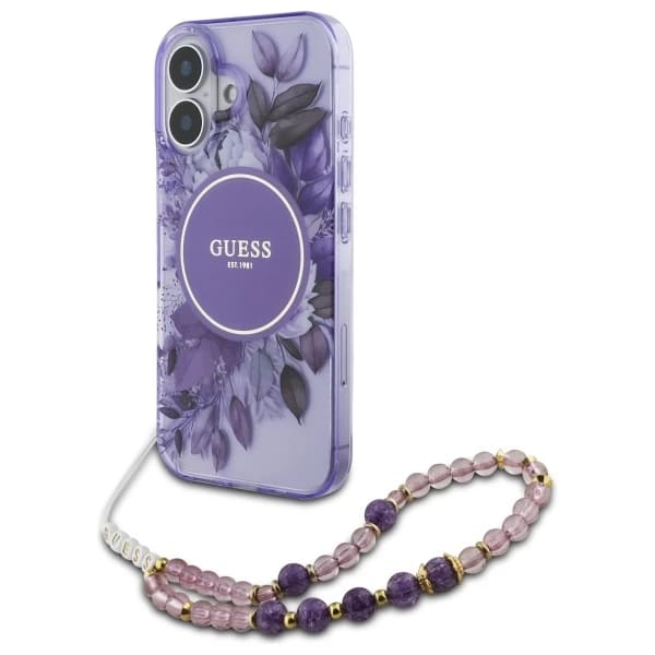 Husa MagSafe za Apple iPhone 16, Guess, IML Flowers with Pearl Strap, Ljubičasta