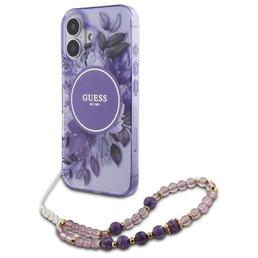 Husa MagSafe za Apple iPhone 16, Guess, IML Flowers with Pearl Strap, Ljubičasta