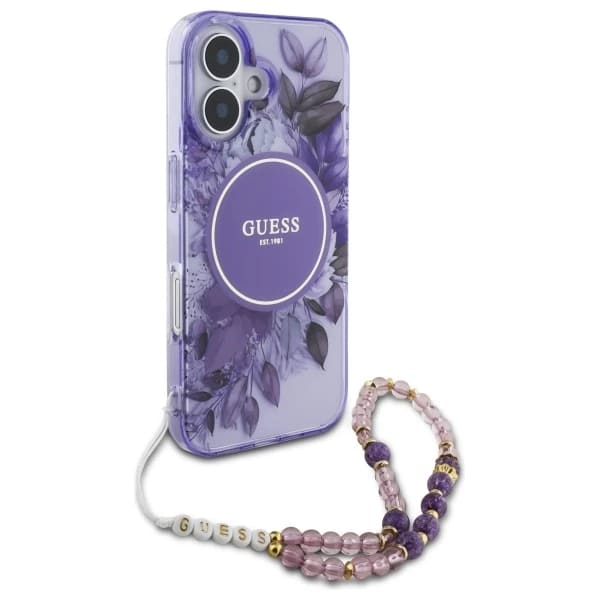 Husa MagSafe za Apple iPhone 16, Guess, IML Flowers with Pearl Strap, Ljubičasta