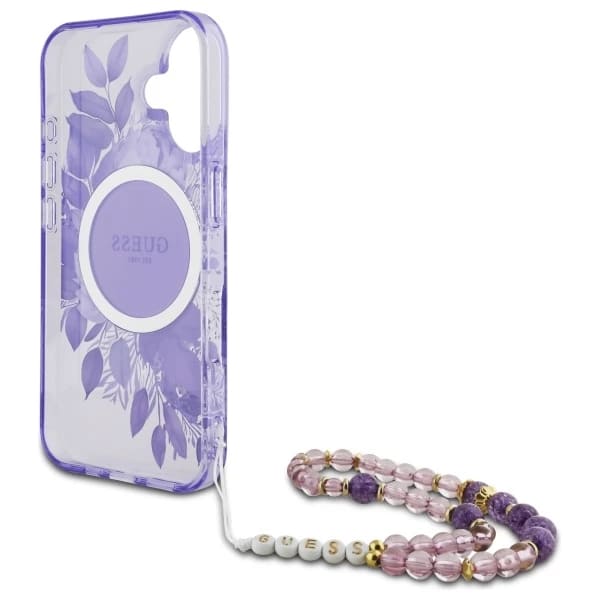 Husa MagSafe za Apple iPhone 16, Guess, IML Flowers with Pearl Strap, Ljubičasta