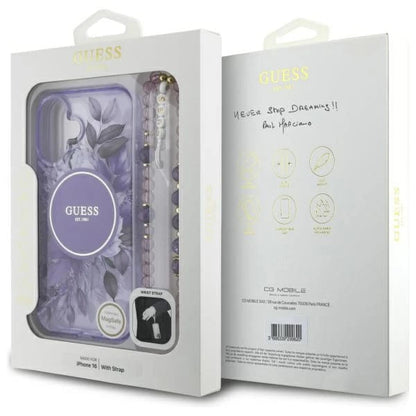Husa MagSafe za Apple iPhone 16, Guess, IML Flowers with Pearl Strap, Ljubičasta