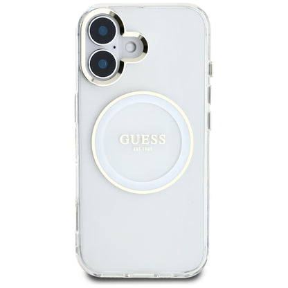Husa MagSafe za Apple iPhone 16, Guess, IML Metal Colored Circle, Bela
