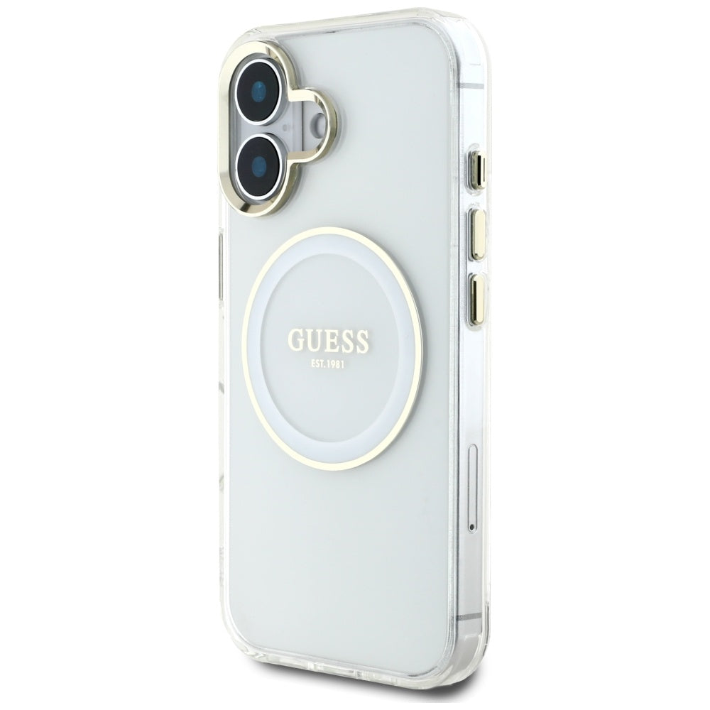 Husa MagSafe za Apple iPhone 16, Guess, IML Metal Colored Circle, Bela