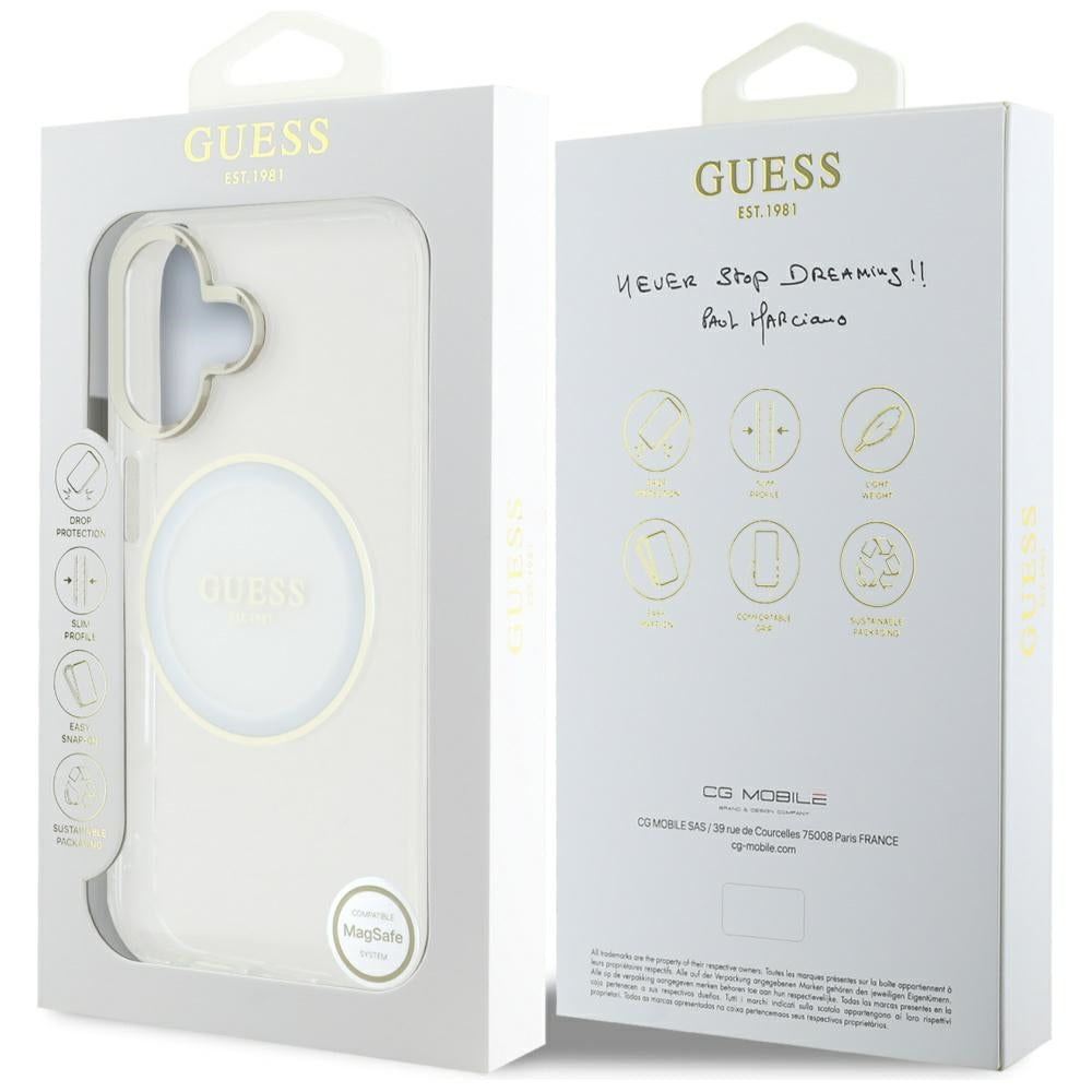 Husa MagSafe za Apple iPhone 16, Guess, IML Metal Colored Circle, Bela