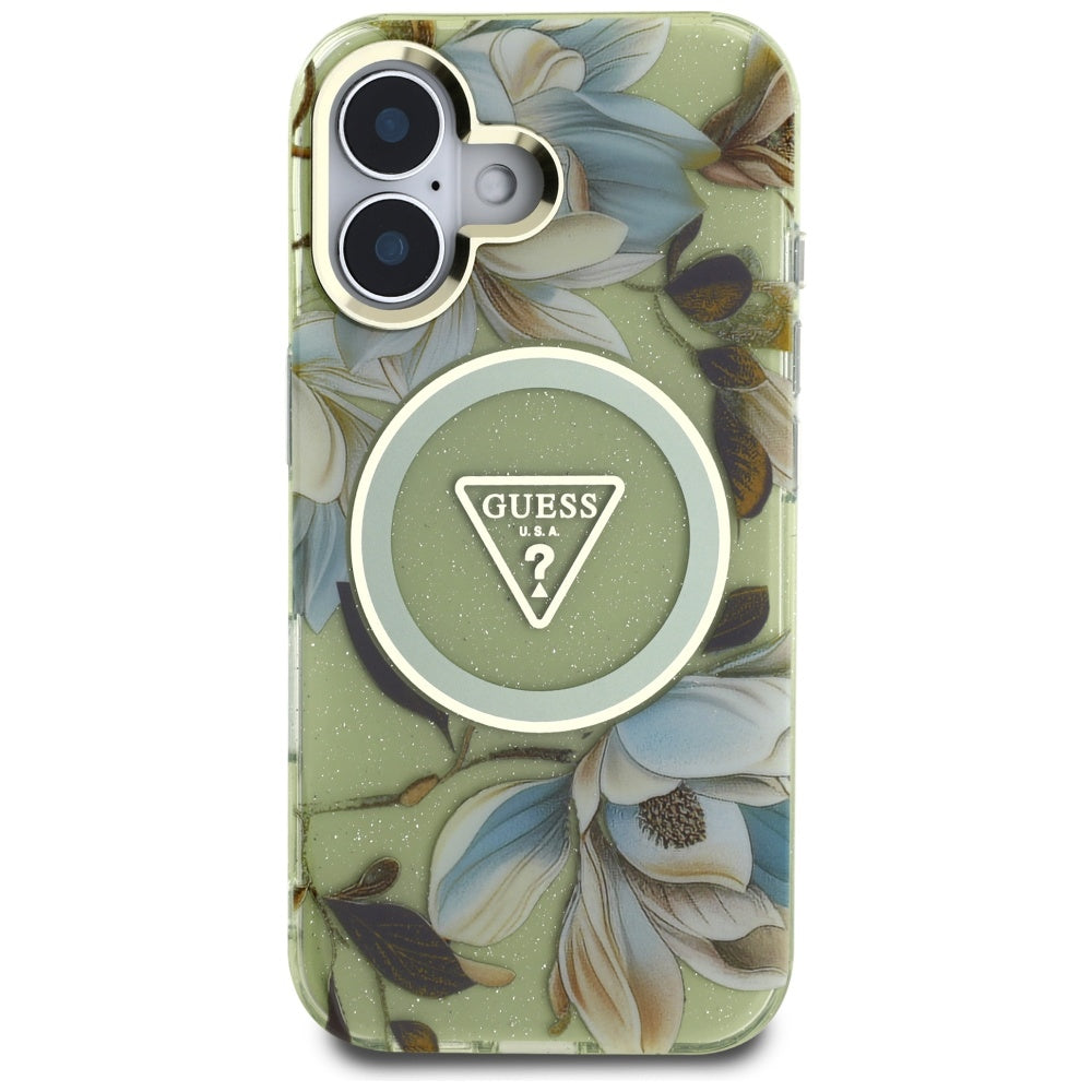 Futrola MagSafe za Apple iPhone 16, Guess, IML Metal Glitter Flowers Triangle, Zelena